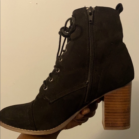 Black Ankle Laced Up Booties with Wooden Heel - Picture 3 of 5